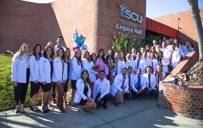 A group photo of most of the 50 SCU MSPA students who received their white coats during the Jan. 19 White Coat Ceremony.