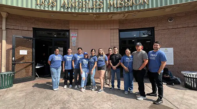 SCU students from the PA program standing in front of the LA MIssion.